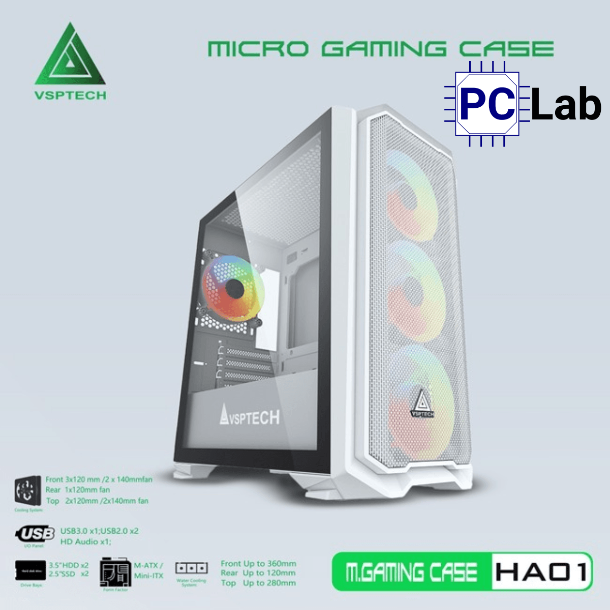 Vỏ case PC máy tính VSP HA01 (M-ATX, Mid Tower, Trắng/Đen/Hồng/Xanh)