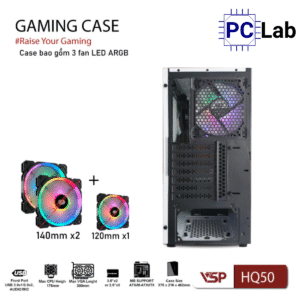 Vỏ case PC máy tính VSP HQ50 (ATX, Mid Tower, Trắng/Đen)