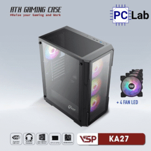 Vỏ case PC máy tính VSP KA27 (ATX, Mid Tower, Trắng/Đen, 4 Fan LED)