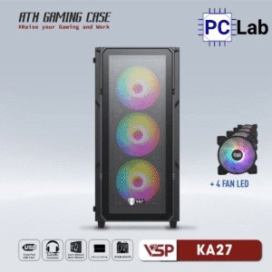 Vỏ case PC máy tính VSP KA27 (ATX, Mid Tower, Trắng/Đen, 4 Fan LED)