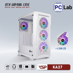 Vỏ case PC máy tính VSP KA27 (ATX, Mid Tower, Trắng/Đen, 4 Fan LED)