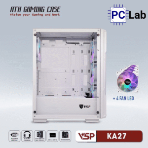 Vỏ case PC máy tính VSP KA27 (ATX, Mid Tower, Trắng/Đen, 4 Fan LED)
