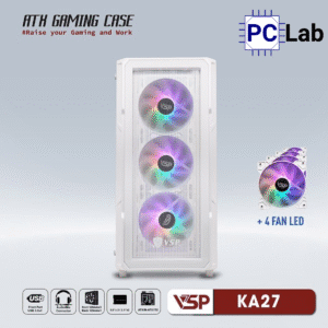 Vỏ case PC máy tính VSP KA27 (ATX, Mid Tower, Trắng/Đen, 4 Fan LED)
