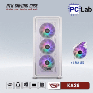 Vỏ case PC máy tính VSP KA28 (ATX, Mid Tower, Trắng/Đen, 4 Fan LED)