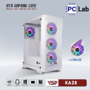 Vỏ case PC máy tính VSP KA28 (ATX, Mid Tower, Trắng/Đen, 4 Fan LED)