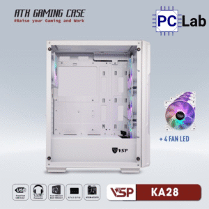 Vỏ case PC máy tính VSP KA28 (ATX, Mid Tower, Trắng/Đen, 4 Fan LED)