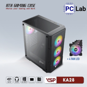 Vỏ case PC máy tính VSP KA28 (ATX, Mid Tower, Trắng/Đen, 4 Fan LED)