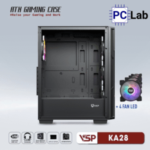 Vỏ case PC máy tính VSP KA28 (ATX, Mid Tower, Trắng/Đen, 4 Fan LED)