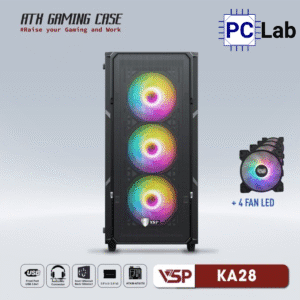 Vỏ case PC máy tính VSP KA28 (ATX, Mid Tower, Trắng/Đen, 4 Fan LED)