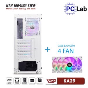 Vỏ case PC máy tính VSP KA29 (ATX, Mid Tower, Trắng/Đen, 4 Fan LED)