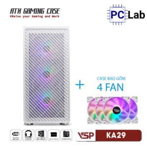 Vỏ case PC máy tính VSP KA29 (ATX, Mid Tower, Trắng/Đen, 4 Fan LED)