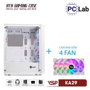 Vỏ case PC máy tính VSP KA29 (ATX, Mid Tower, Trắng/Đen, 4 Fan LED)