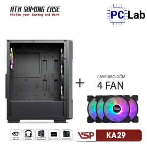 Vỏ case PC máy tính VSP KA29 (ATX, Mid Tower, Trắng/Đen, 4 Fan LED)