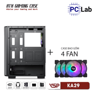 Vỏ case PC máy tính VSP KA29 (ATX, Mid Tower, Trắng/Đen, 4 Fan LED)