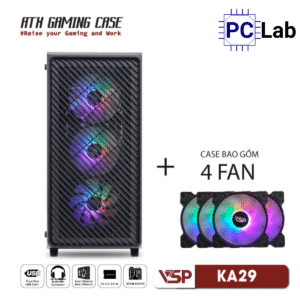 Vỏ case PC máy tính VSP KA29 (ATX, Mid Tower, Trắng/Đen, 4 Fan LED)