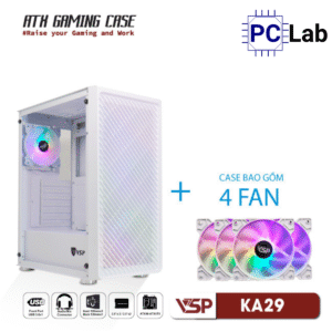 Vỏ case PC máy tính VSP KA29 (ATX, Mid Tower, Trắng/Đen, 4 Fan LED)