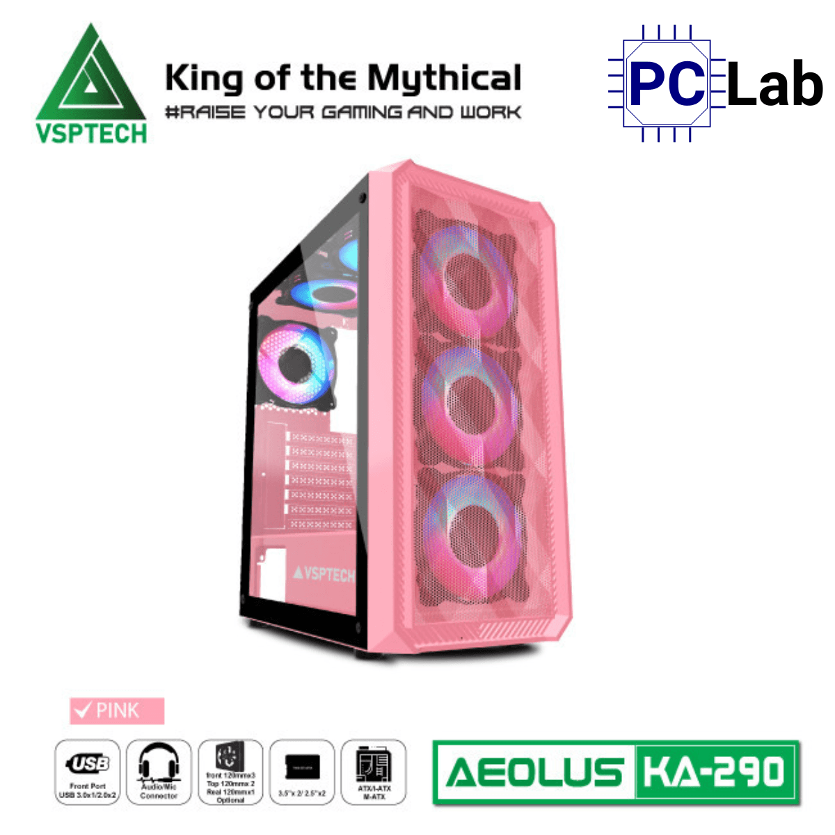 Vỏ case PC máy tính VSP KA290 (ATX, Mid Tower, Trắng/Đen/Hồng/Xanh)
