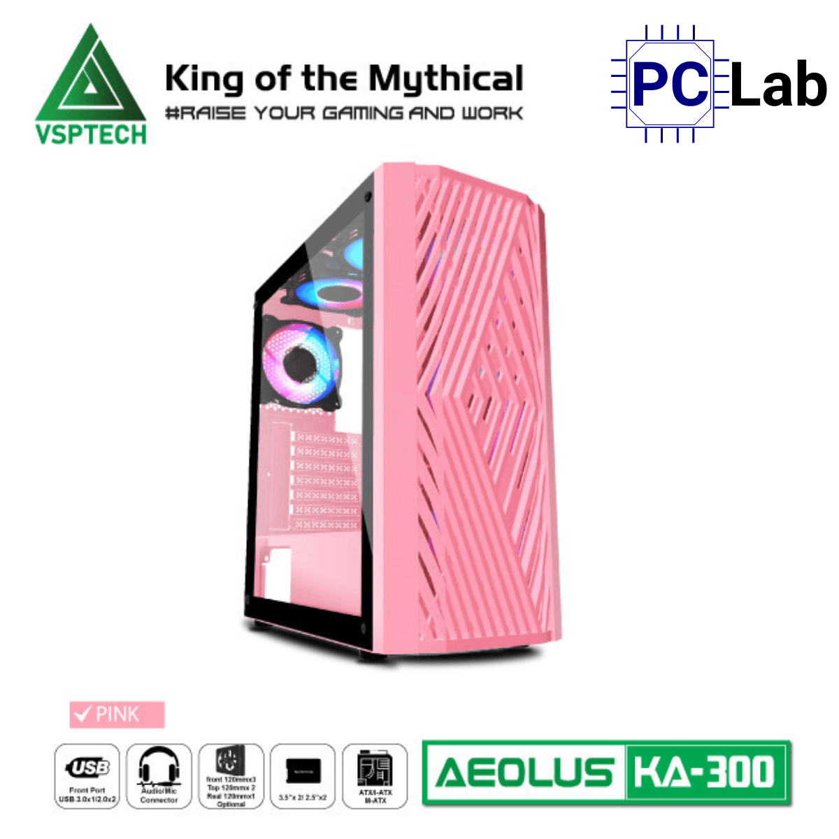 Vỏ case PC máy tính VSP KA300 (ATX, Mid Tower, Trắng/Đen/Hồng/Xanh)