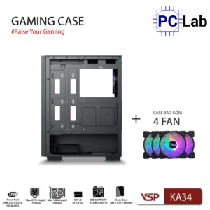 Vỏ case PC máy tính VSP KA34 (ATX, Mid Tower, Đen, kèm 3 Fan)
