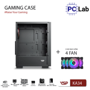 Vỏ case PC máy tính VSP KA34 (ATX, Mid Tower, Đen, kèm 3 Fan)