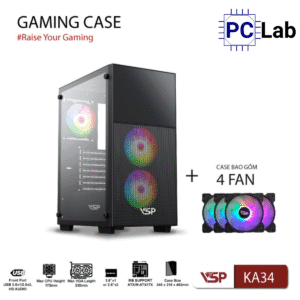 Vỏ case PC máy tính VSP KA34 (ATX, Mid Tower, Đen, kèm 3 Fan)
