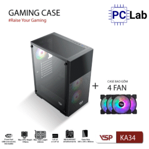 Vỏ case PC máy tính VSP KA34 (ATX, Mid Tower, Đen, kèm 3 Fan)
