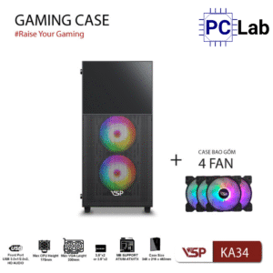 Vỏ case PC máy tính VSP KA34 (ATX, Mid Tower, Đen, kèm 3 Fan)