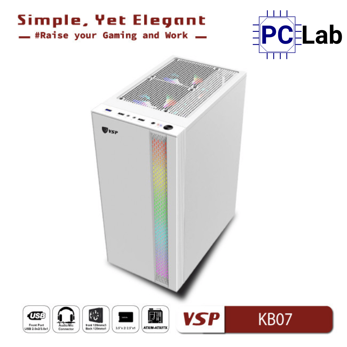 Vỏ case PC máy tính VSP KB07 (ATX, Mid Tower, Trắng/Đen)