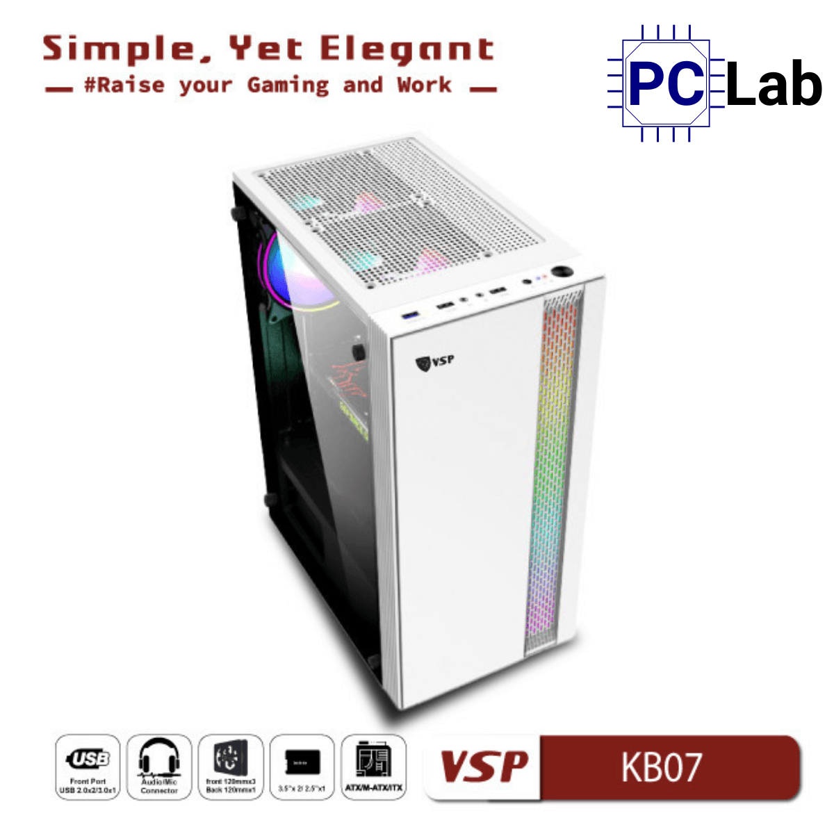 Vỏ case PC máy tính VSP KB07 (ATX, Mid Tower, Trắng/Đen)