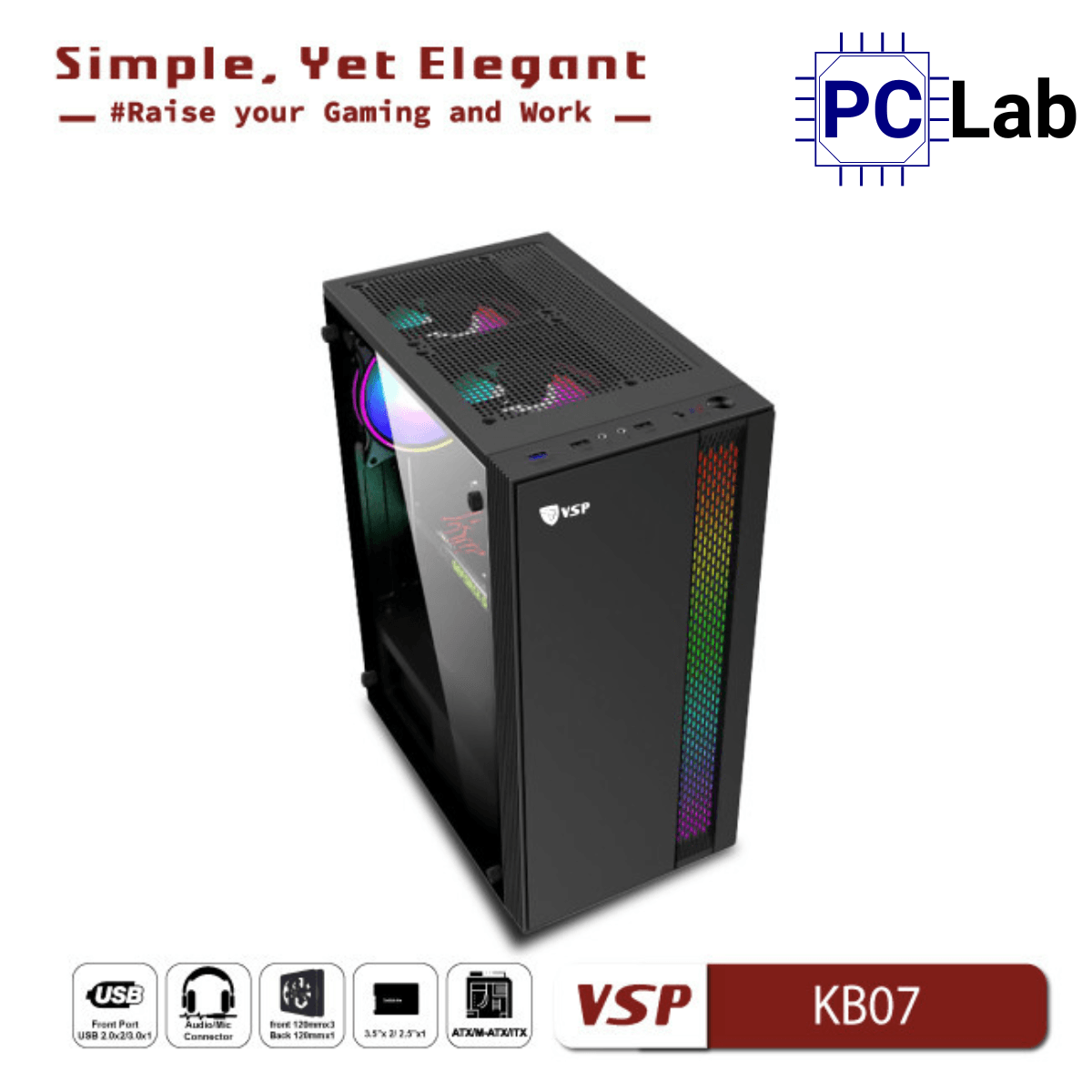 Vỏ case PC máy tính VSP KB07 (ATX, Mid Tower, Trắng/Đen)