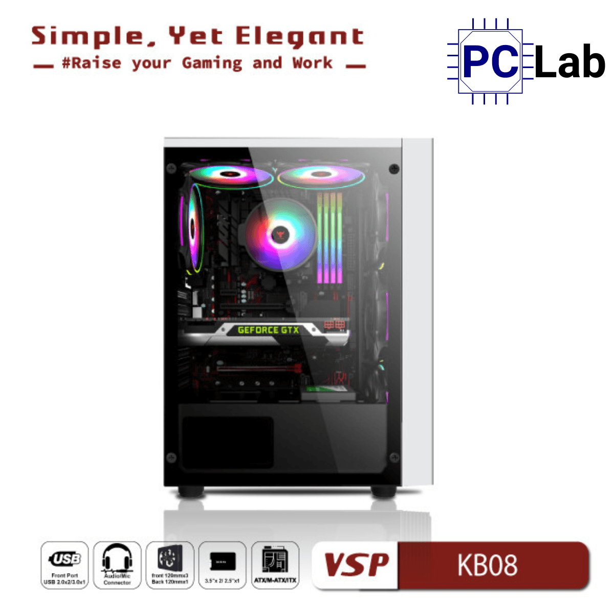 Vỏ case PC máy tính VSP KB08 (ATX, Mid Tower, Trắng/Đen)
