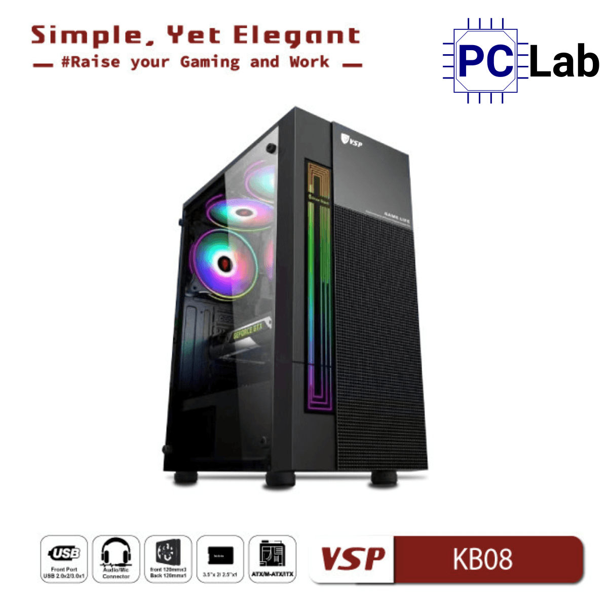 Vỏ case PC máy tính VSP KB08 (ATX, Mid Tower, Trắng/Đen)