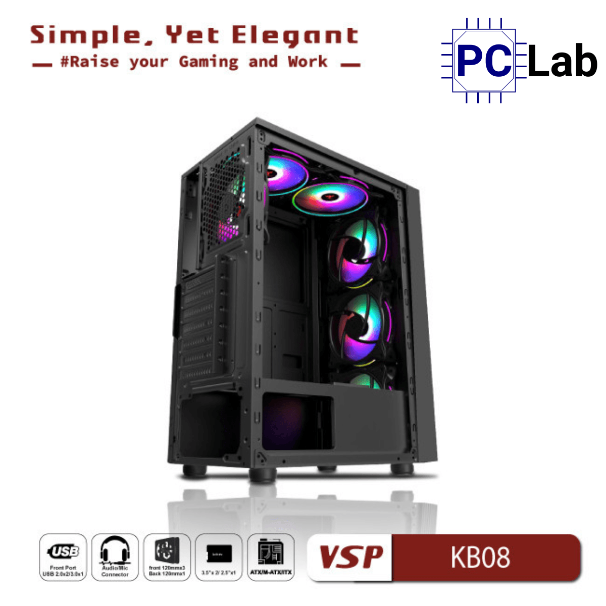 Vỏ case PC máy tính VSP KB08 (ATX, Mid Tower, Trắng/Đen)
