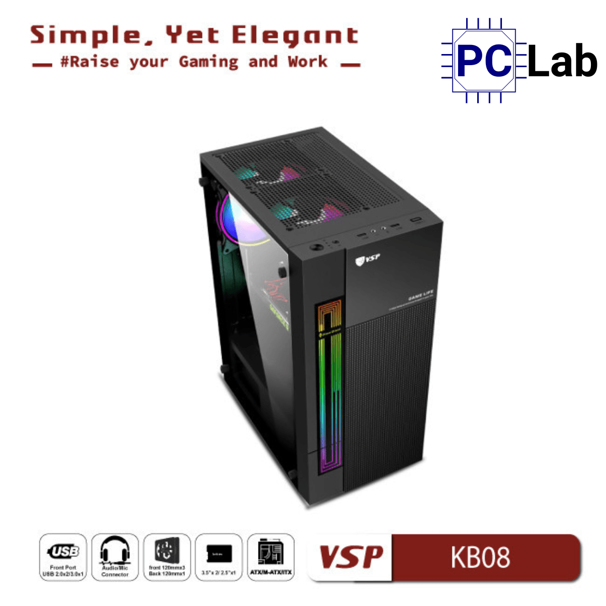 Vỏ case PC máy tính VSP KB08 (ATX, Mid Tower, Trắng/Đen)