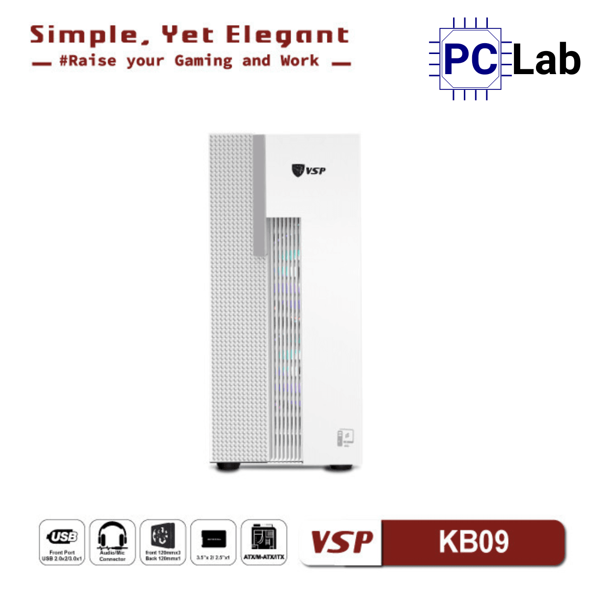 Vỏ case PC máy tính VSP KB09 (ATX, Mid Tower, Trắng/Đen)
