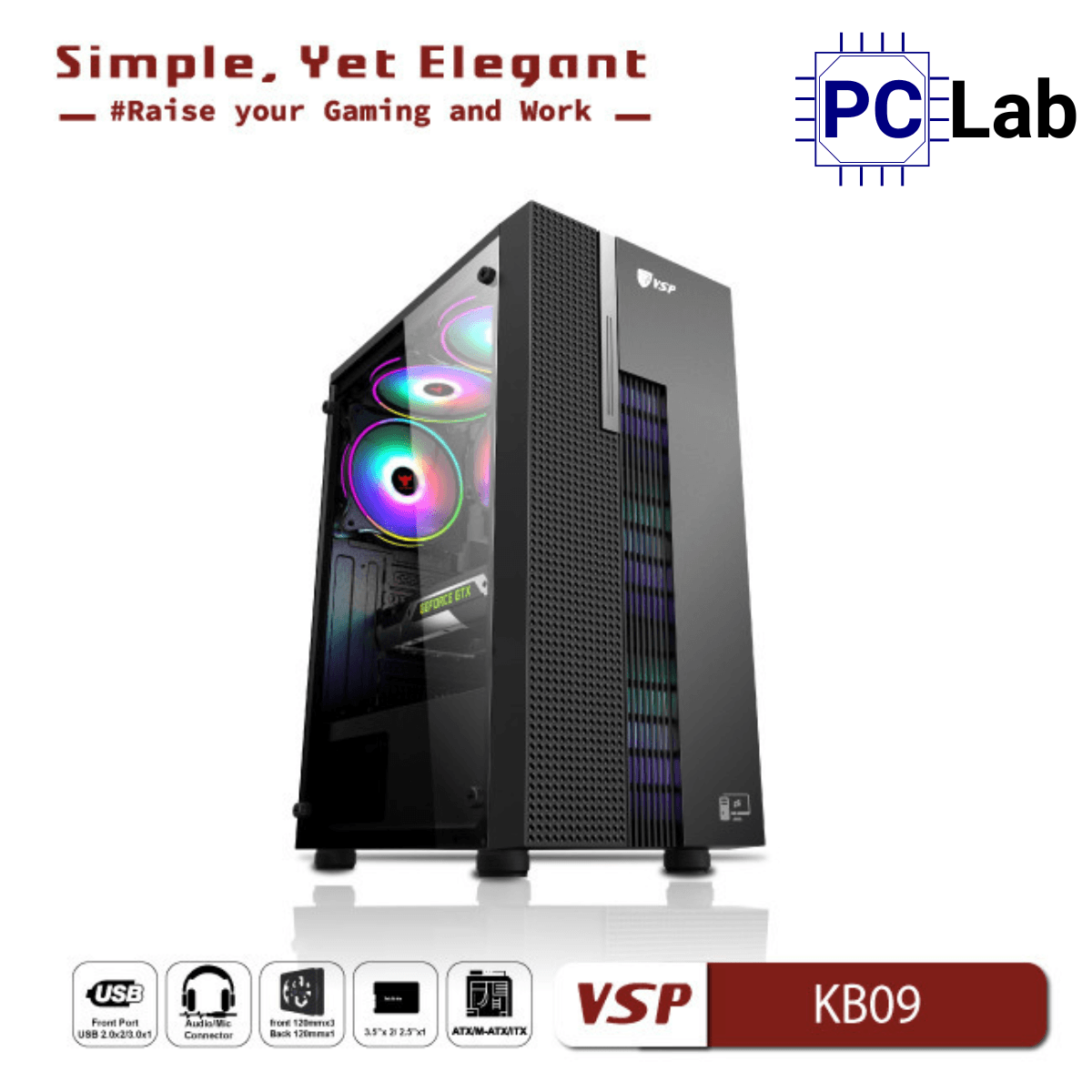 Vỏ case PC máy tính VSP KB09 (ATX, Mid Tower, Trắng/Đen)