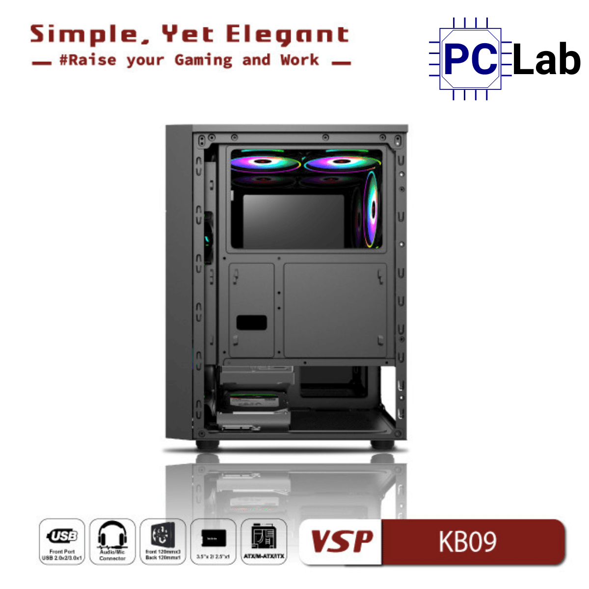 Vỏ case PC máy tính VSP KB09 (ATX, Mid Tower, Trắng/Đen)