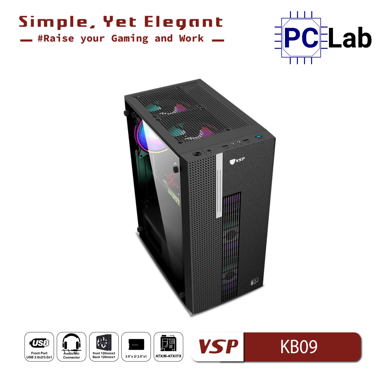 Vỏ case PC máy tính VSP KB09 (ATX, Mid Tower, Trắng/Đen)