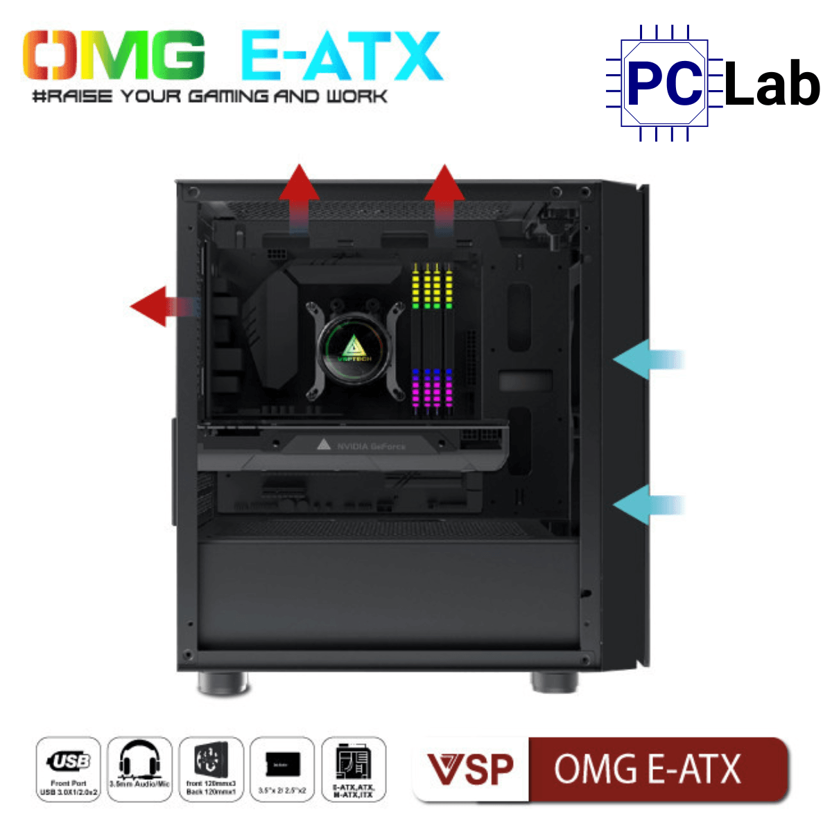Vỏ case PC máy tính VSP OMG E-ATX (E-ATX, Full Tower, Đỏ)