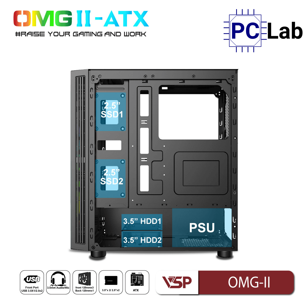 Vỏ case PC máy tính VSP OMG-II ATX (ATX, Mid Tower, Hồng/Xanh/Đen)