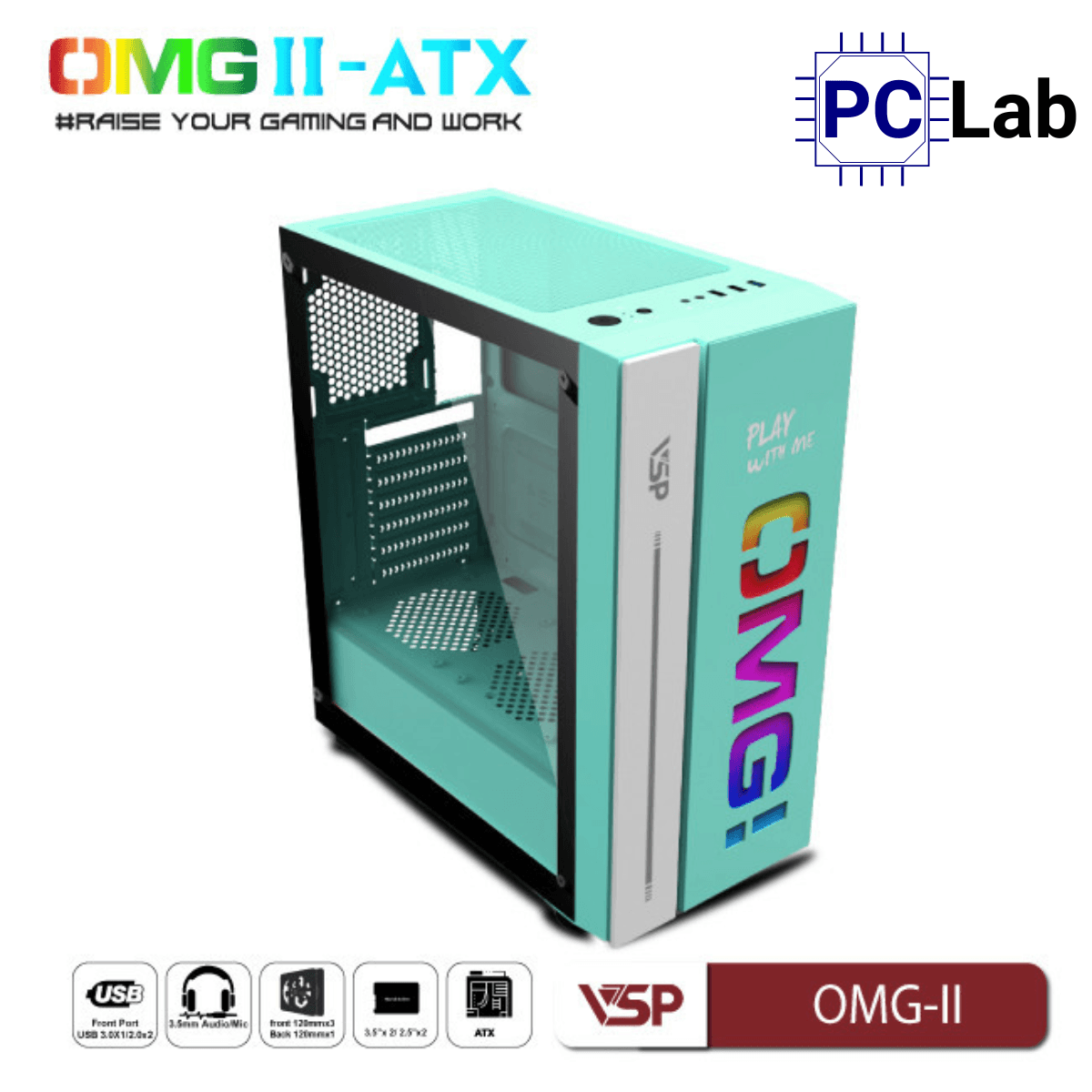 Vỏ case PC máy tính VSP OMG-II ATX (ATX, Mid Tower, Hồng/Xanh/Đen)