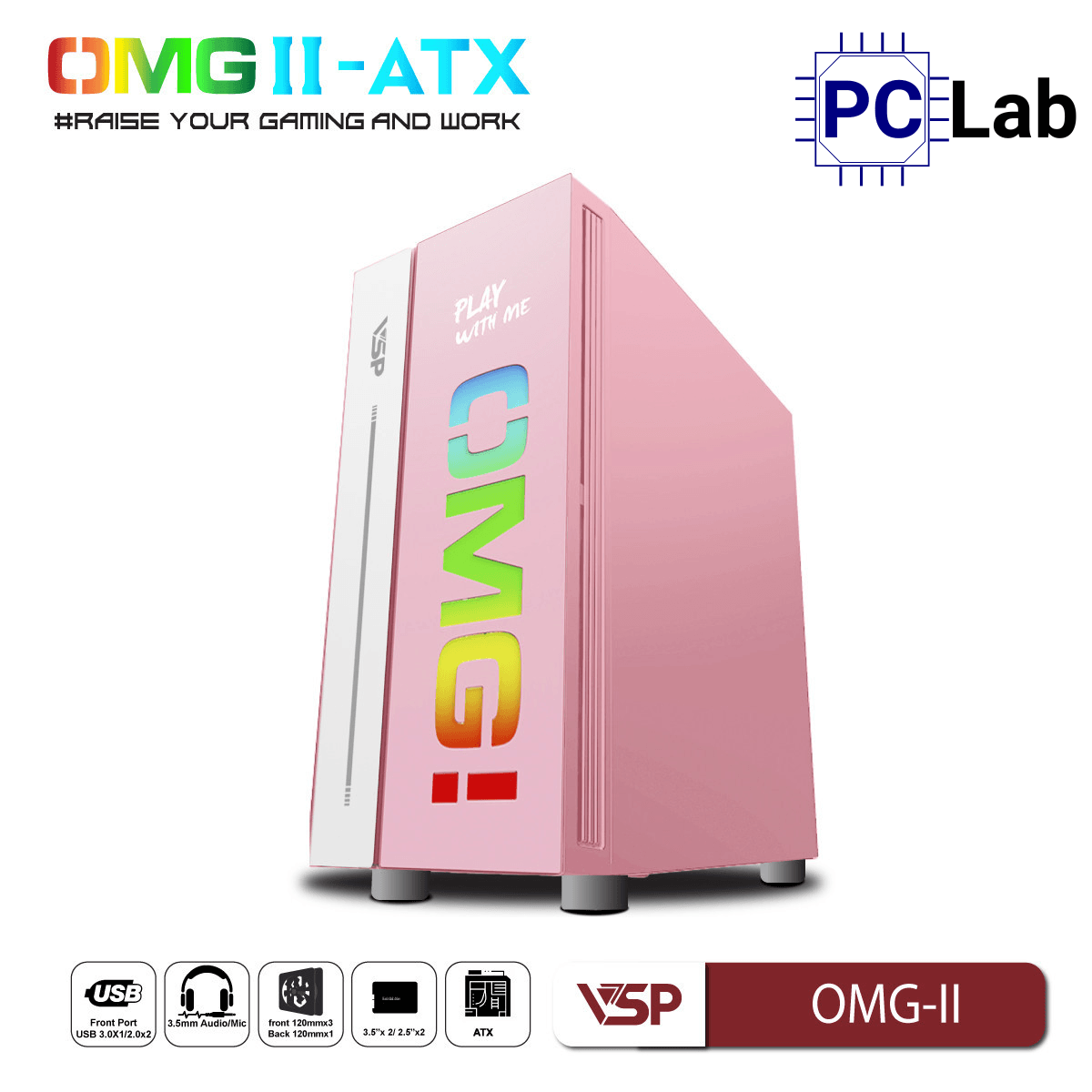 Vỏ case PC máy tính VSP OMG-II ATX (ATX, Mid Tower, Hồng/Xanh/Đen)