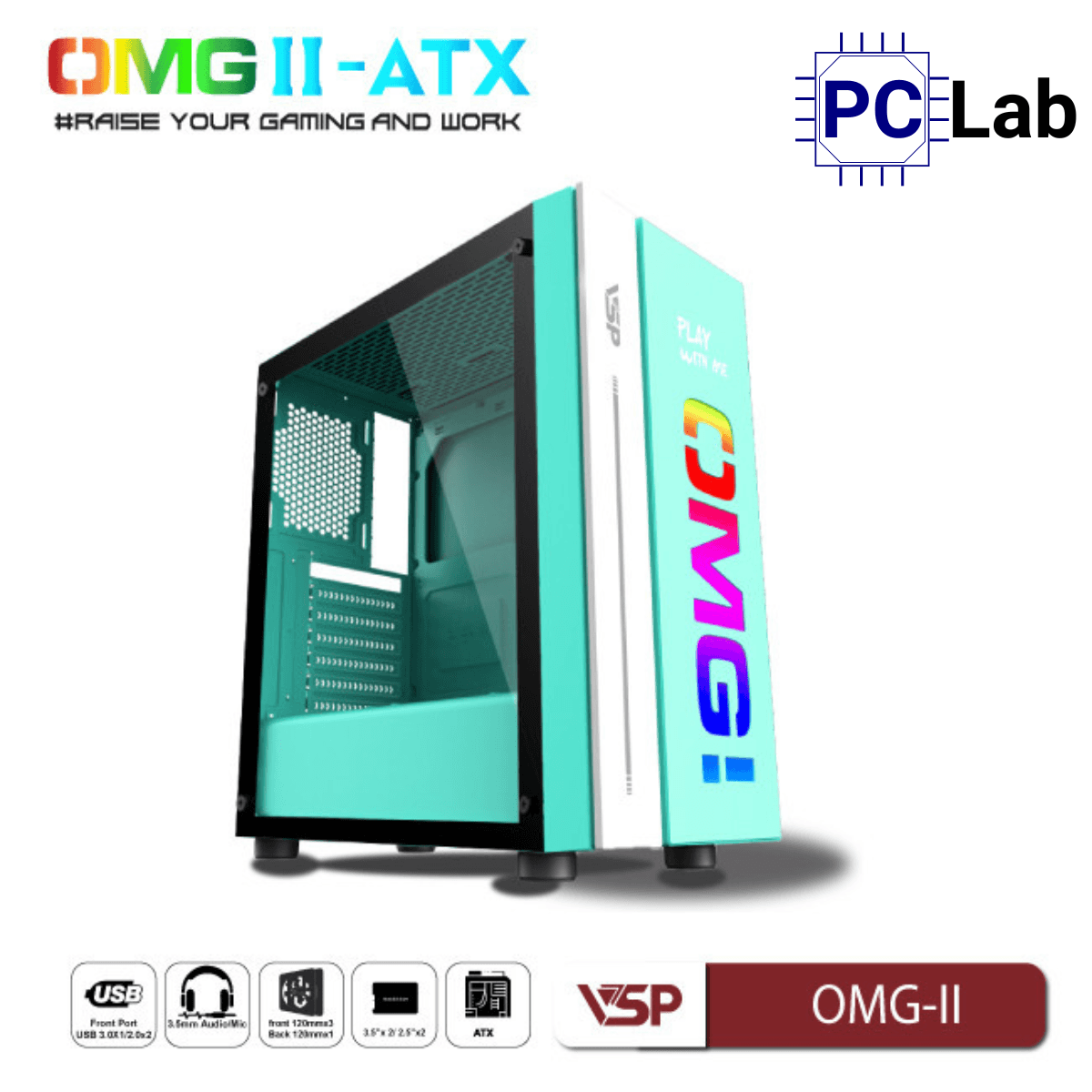 Vỏ case PC máy tính VSP OMG-II ATX (ATX, Mid Tower, Hồng/Xanh/Đen)