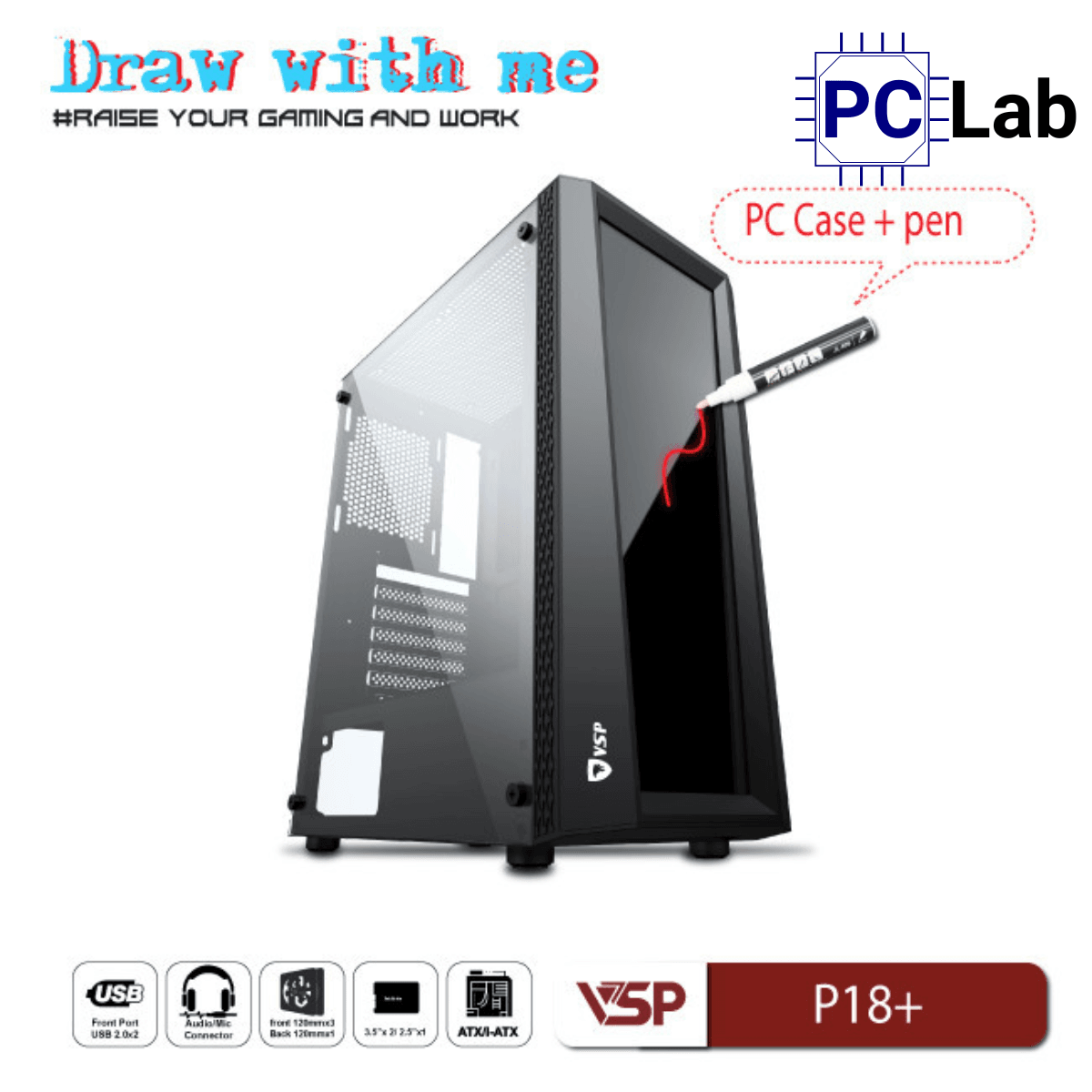 Vỏ case PC máy tính VSP P18+ (ATX, Mid Tower, Trắng/Đen)