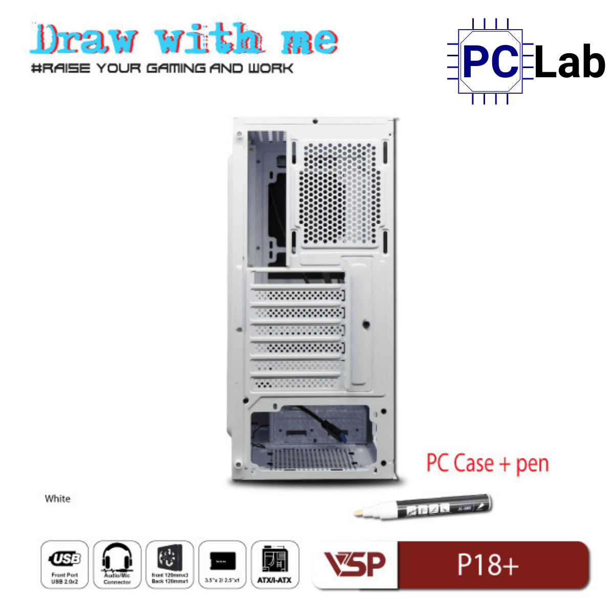 Vỏ case PC máy tính VSP P18+ (ATX, Mid Tower, Trắng/Đen)