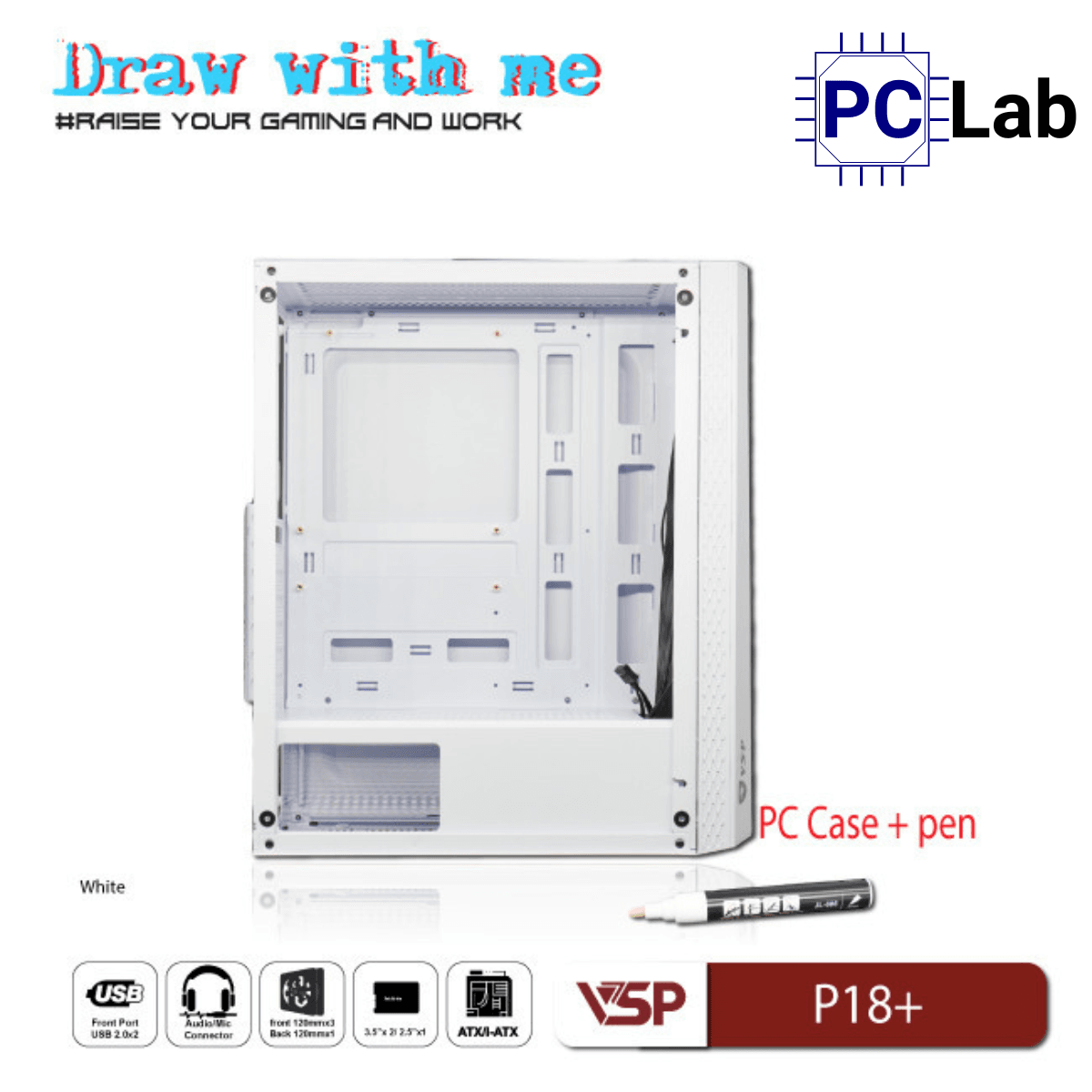 Vỏ case PC máy tính VSP P18+ (ATX, Mid Tower, Trắng/Đen)