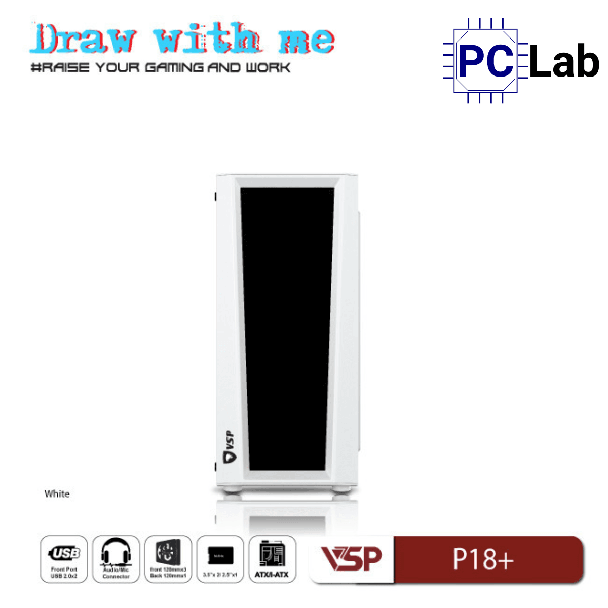 Vỏ case PC máy tính VSP P18+ (ATX, Mid Tower, Trắng/Đen)