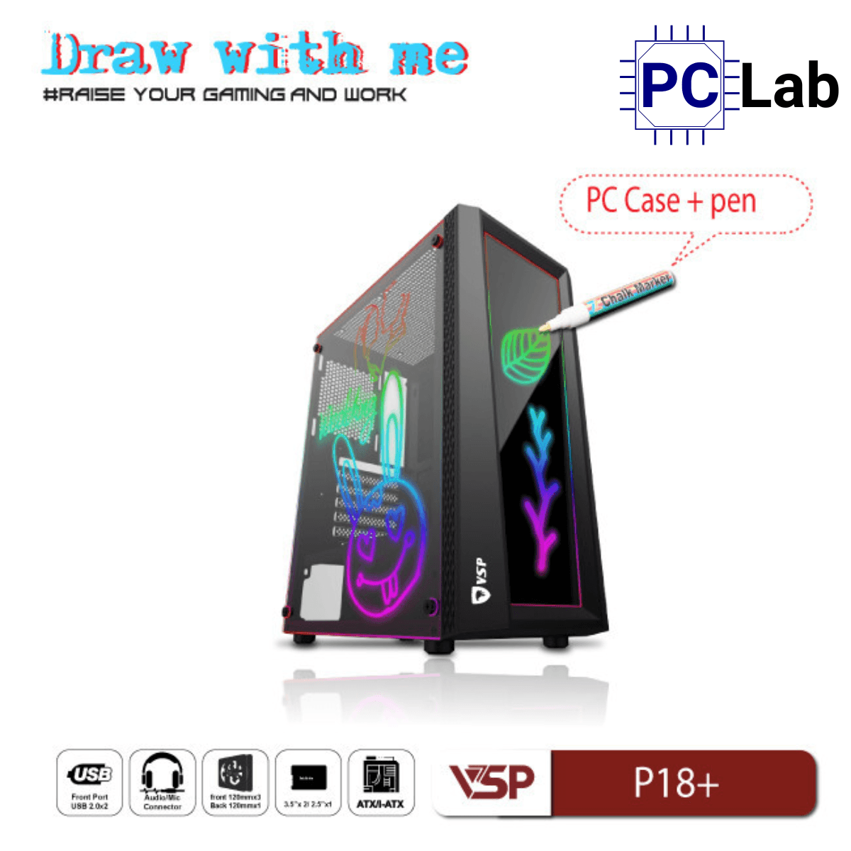 Vỏ case PC máy tính VSP P18+ (ATX, Mid Tower, Trắng/Đen)