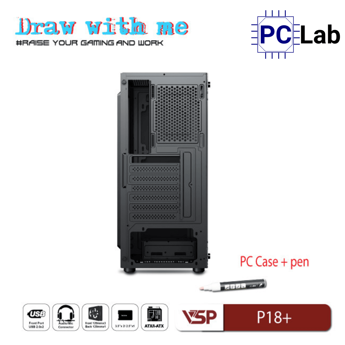 Vỏ case PC máy tính VSP P18+ (ATX, Mid Tower, Trắng/Đen)