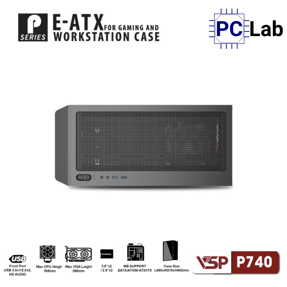 Vỏ case PC máy tính VSP P740 (E-ATX, Full Tower, Đen)